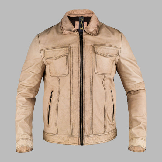 Beige Biker Leather Jacket For Men